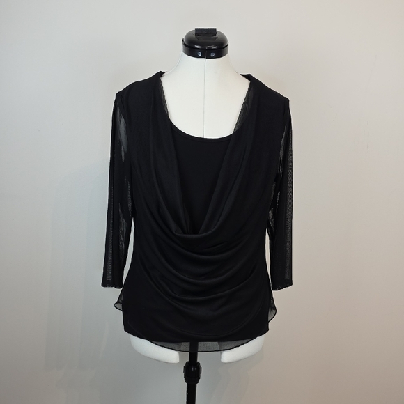 Frank Lyman Black Draped Mesh Sleeve Top Size 12 - Picture 2 of 8